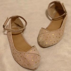 Beige Gold Star Ankle Strap Flats